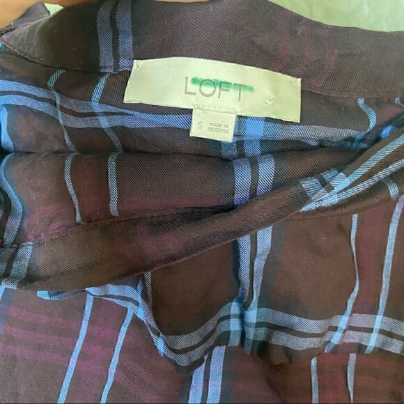 Loft purple plaid casual off the shoulder ruffled sleeves top blouse S - Picture 3 of 15